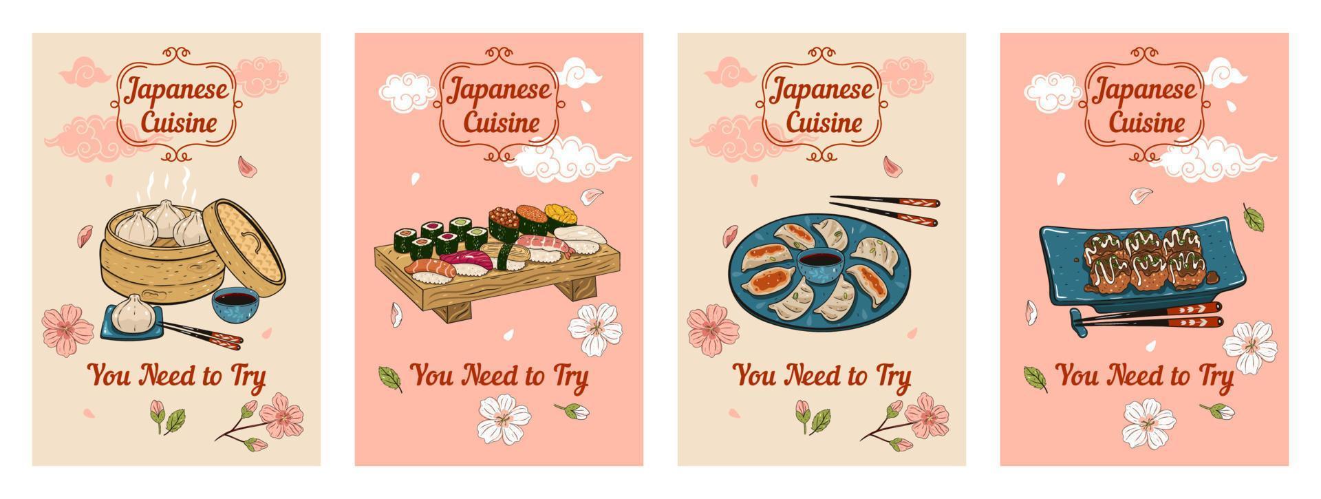 Set of banners with illustrations of Japanese cuisine. Vector graphics