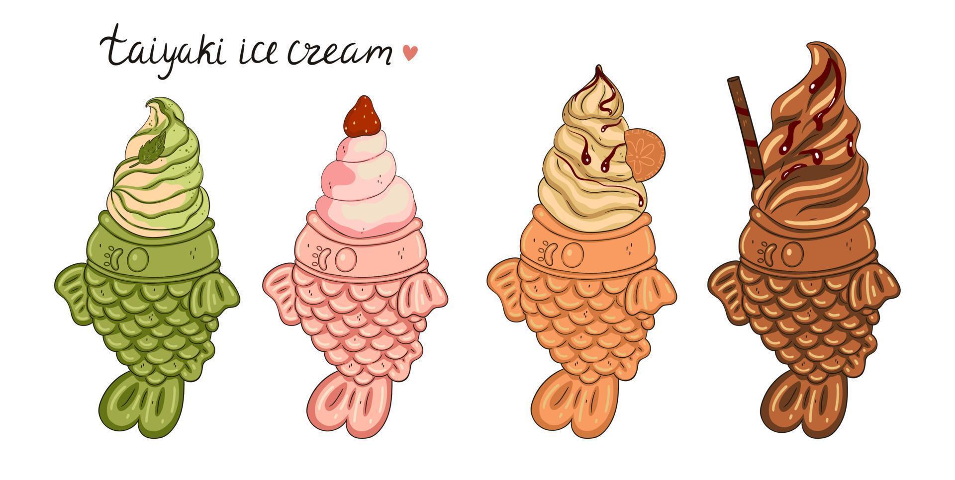 A set of ice cream in the form of taiyaki fish isolated on a white background. Vector graphics.