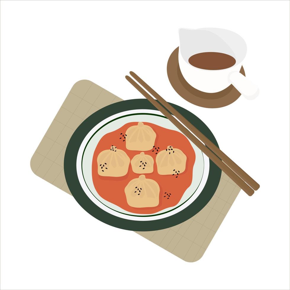 Xiao Long Bao. Shanghai street dumplings with sauce, food with chopsticks. vector