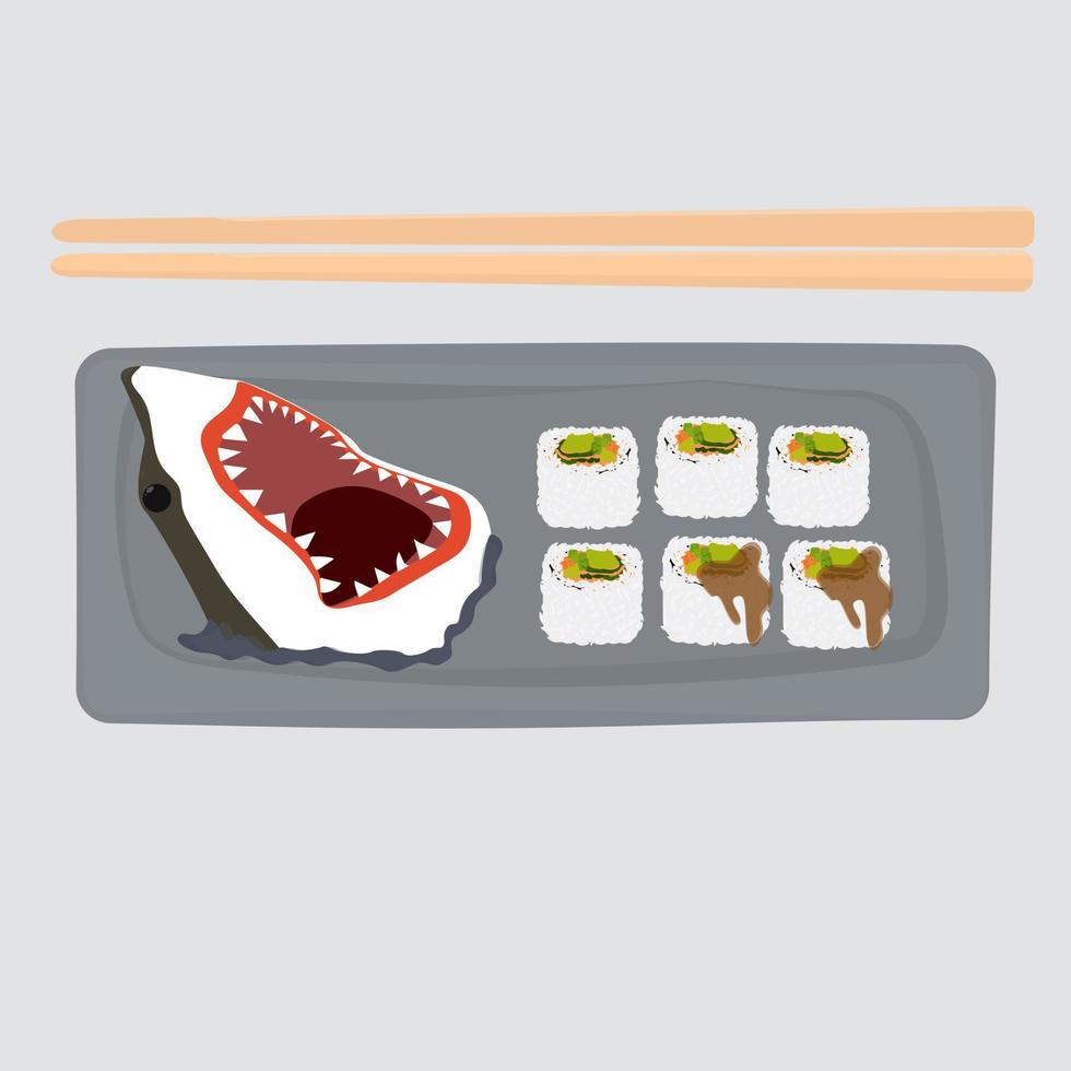 Sushi plate with shark. Food with chopsticks. Dishes of Asia. vector