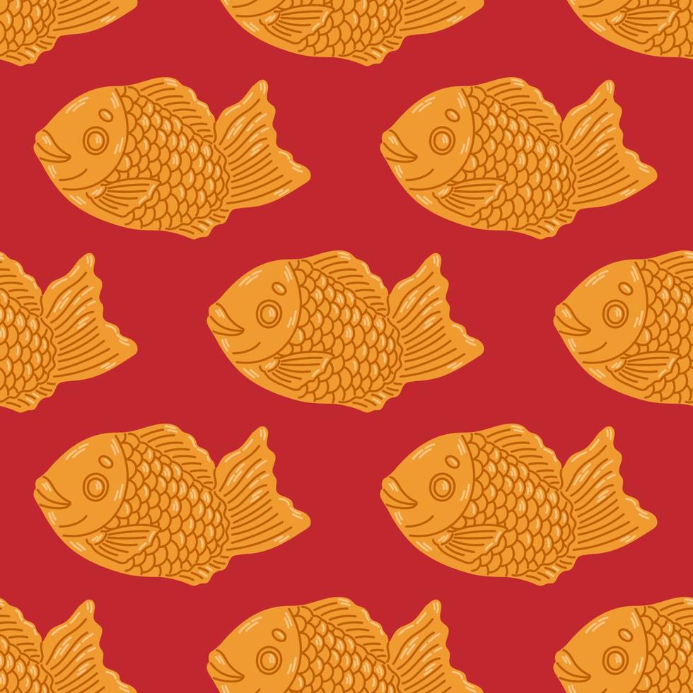 Taiyaki seamless pattern. Fish-shaped cake with red bean filling. Japanese street food. Cartoon vector illustration.