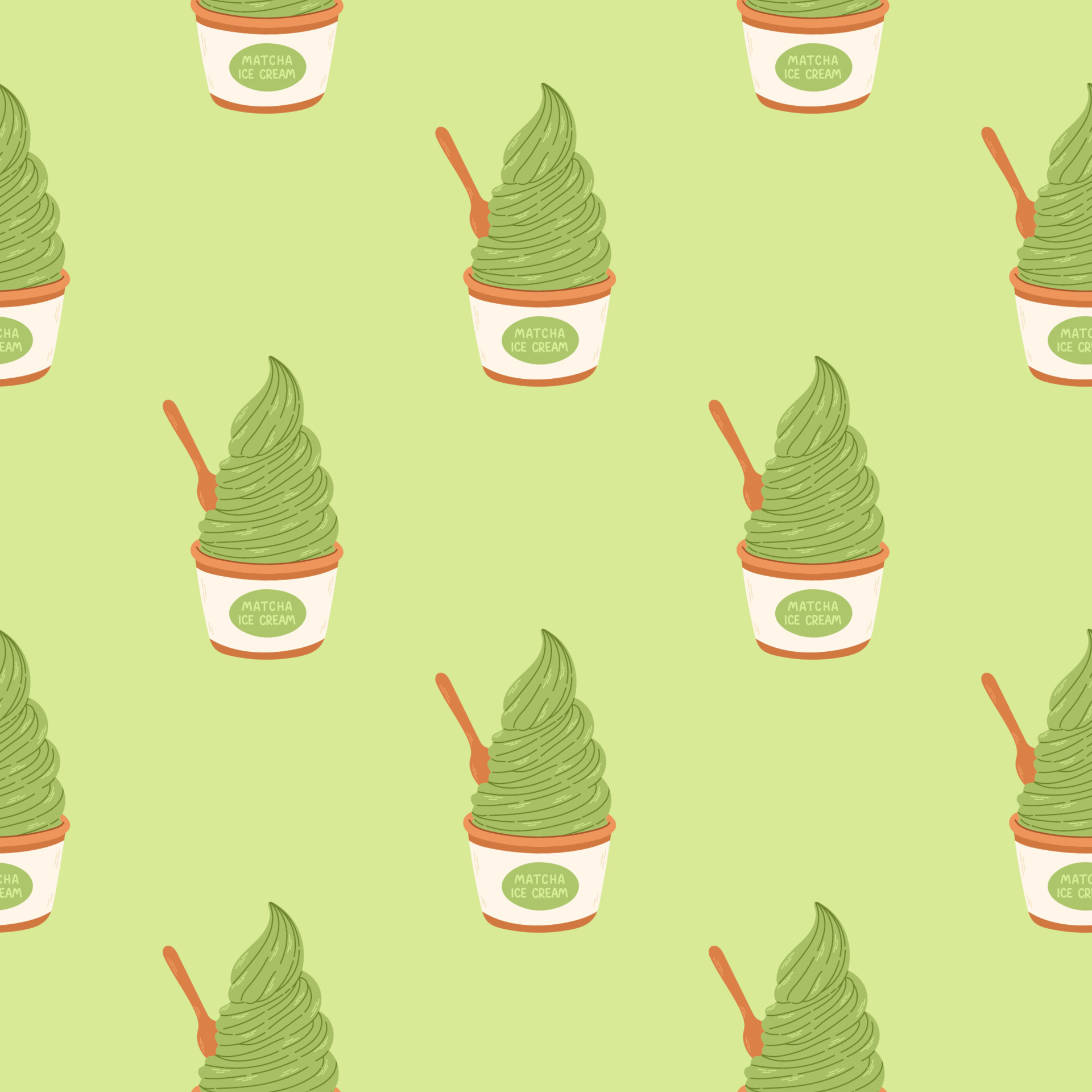Matcha ice cream seamless pattern on green matcha background, vector