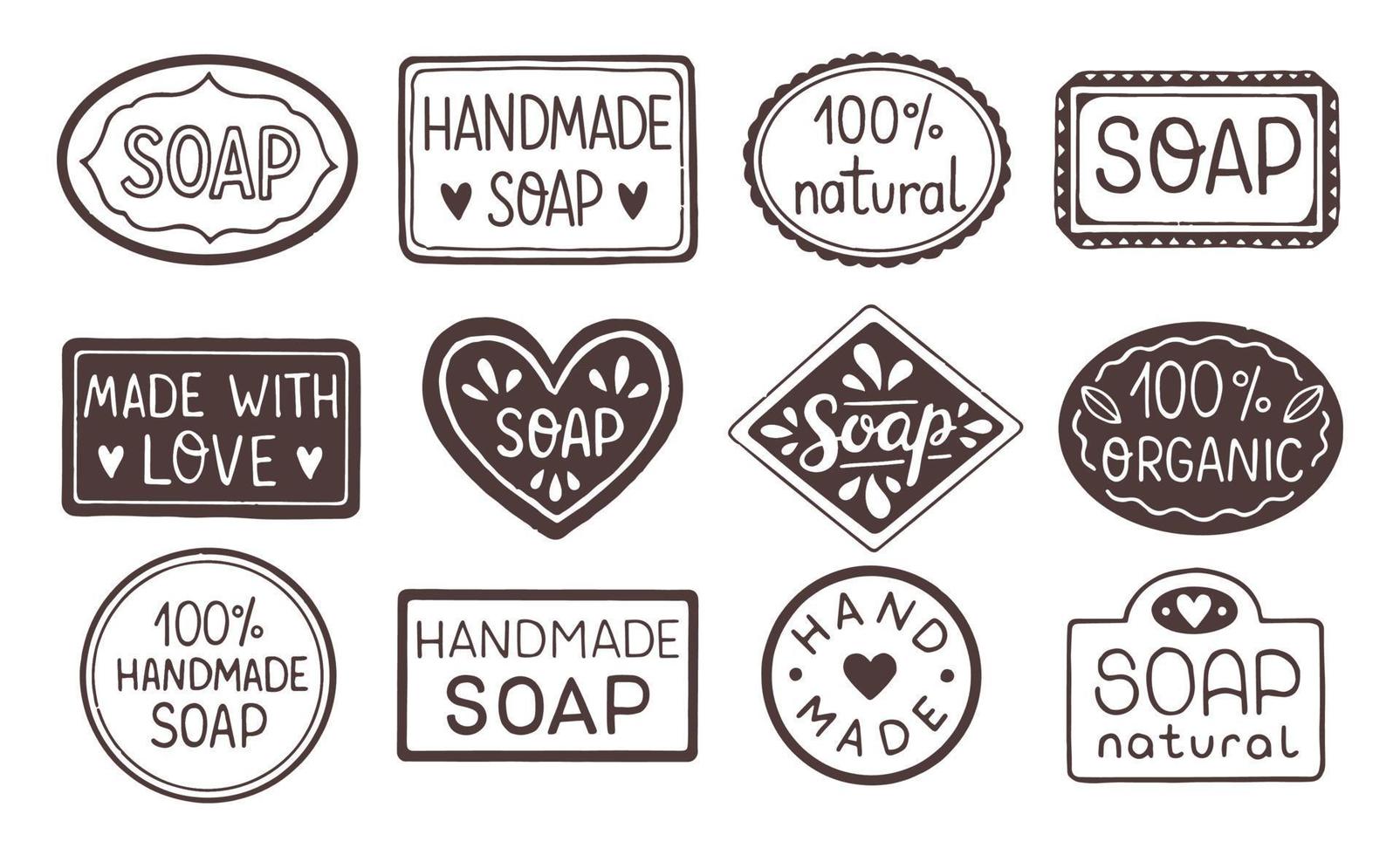 Hand drawn labels for handmade soap bars. Handmade soap stamp. Set of vector templates for all kind soap design