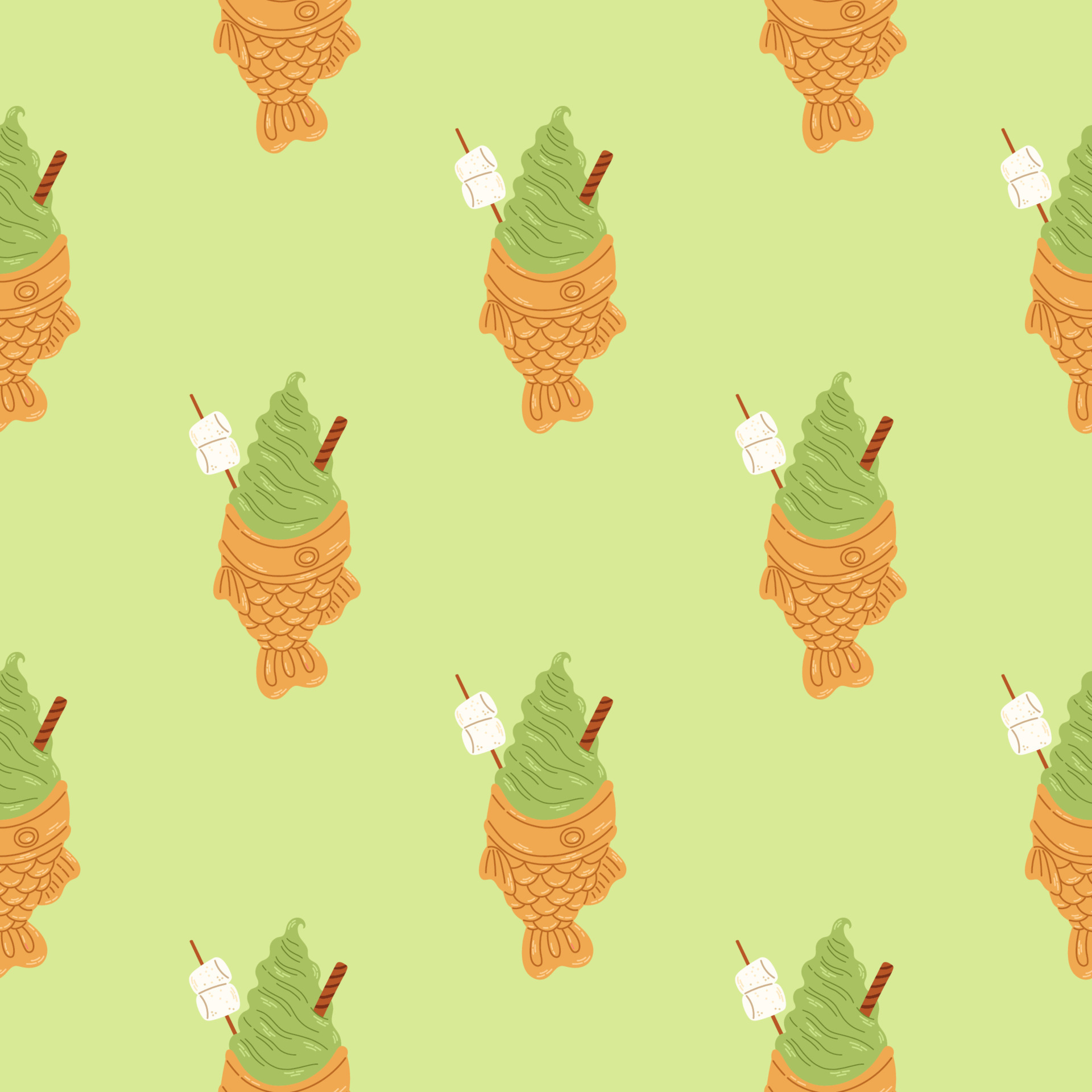 Matcha ice cream seamless pattern on green matcha background, vector