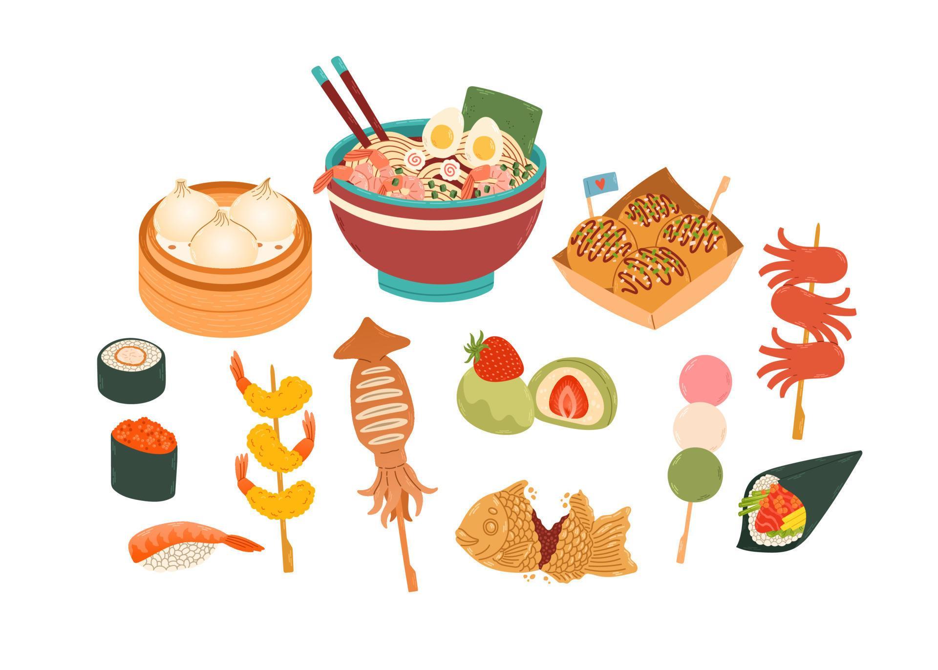 Set of Japanese Food Vector for stickers, postcards, notebook. japanese