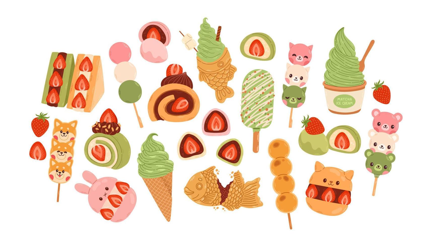 conjunto de dulces japoneses dibujados a mano ilustración vectorial para postales, pegatinas, cuaderno vector