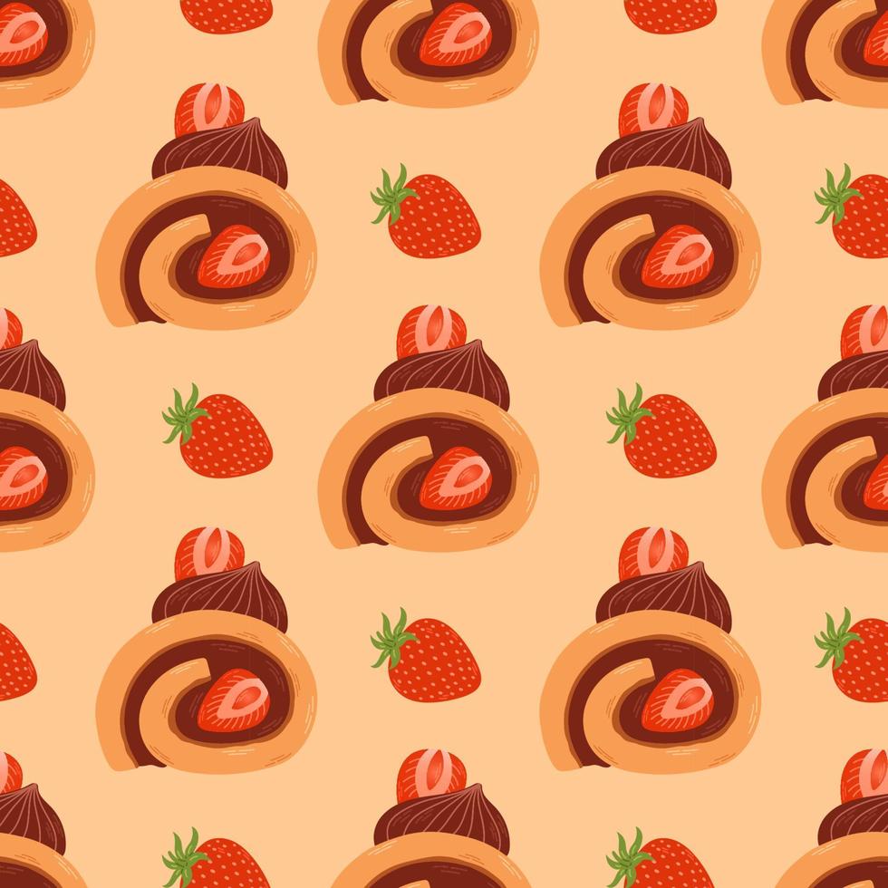 Strawberry vanilla chocolate cake roll seamless pattern. Japanese dessert roll. vector
