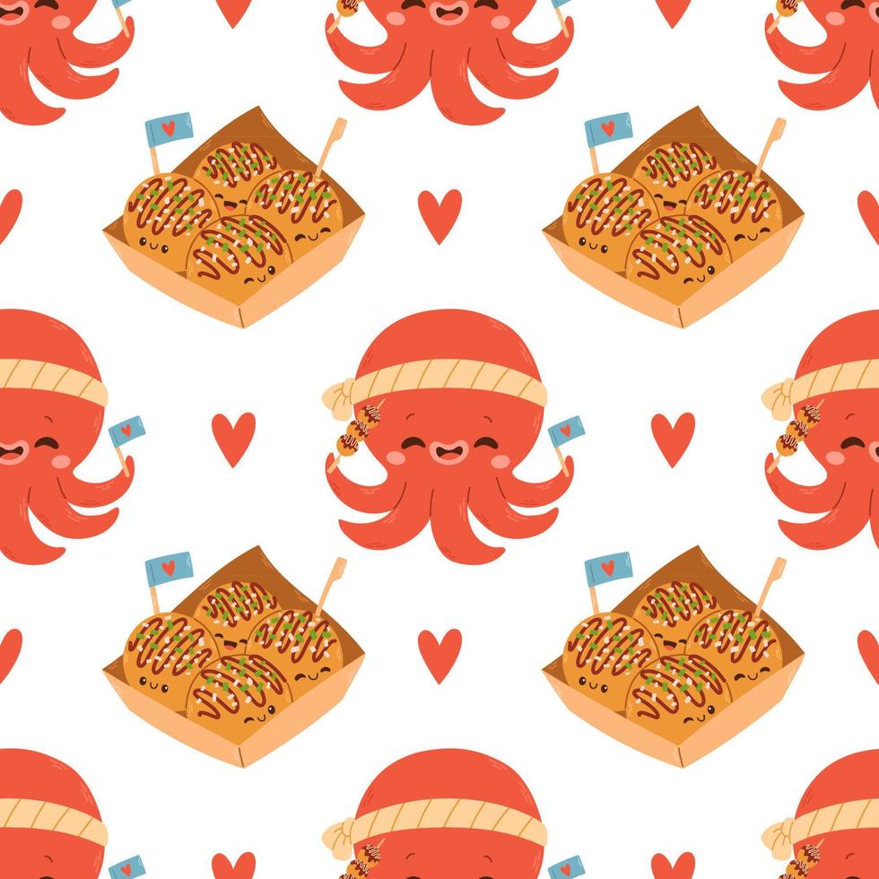 takoyaki vector de patrones sin fisuras comida asiática. lindo takoyaki sobre fondo blanco. fondo de pantalla