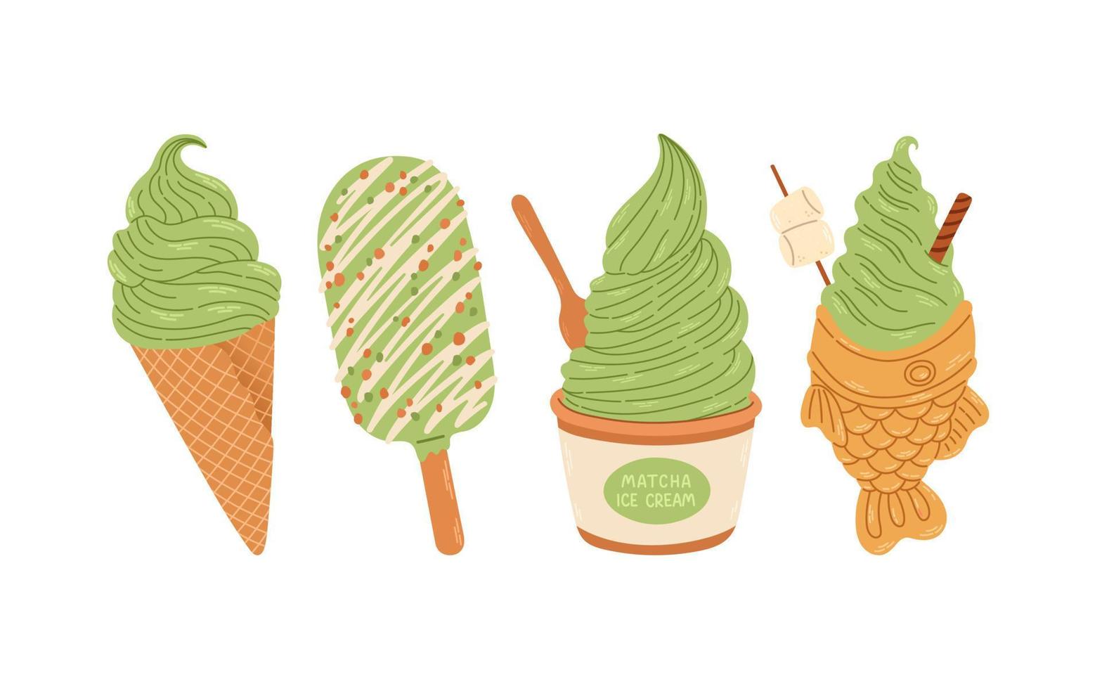 Matcha ice cream set isolated vector illustration for stickers, postcards, notebook