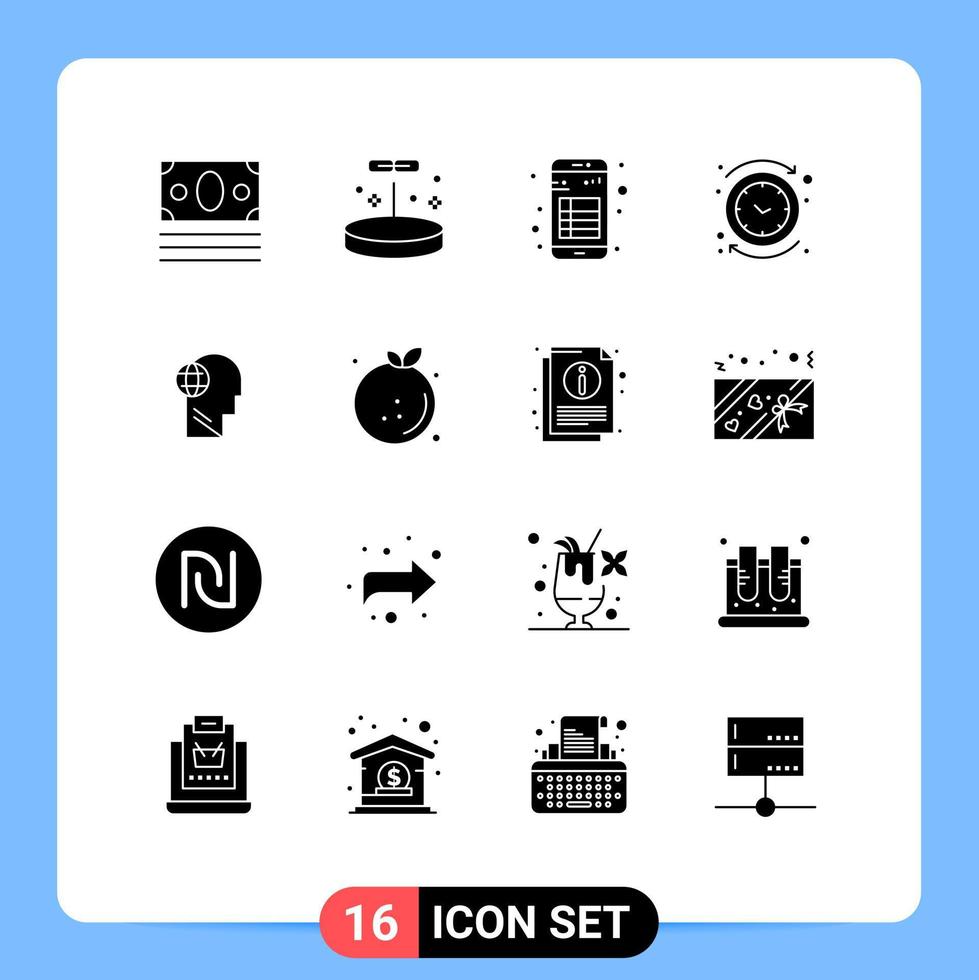 Group of 16 Solid Glyphs Signs and Symbols for time clock app circle reading Editable Vector Design Elements