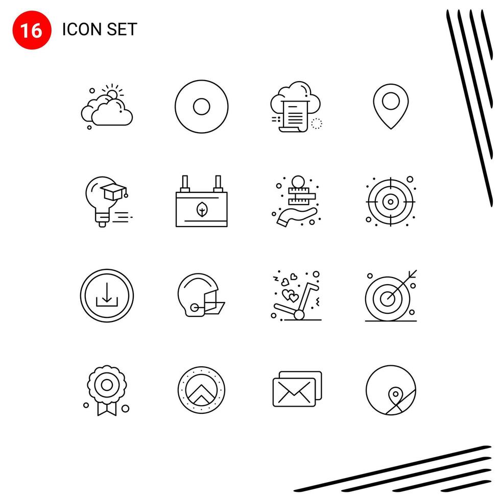 Set of 16 Vector Outlines on Grid for graduation cap document bulb location Editable Vector Design Elements