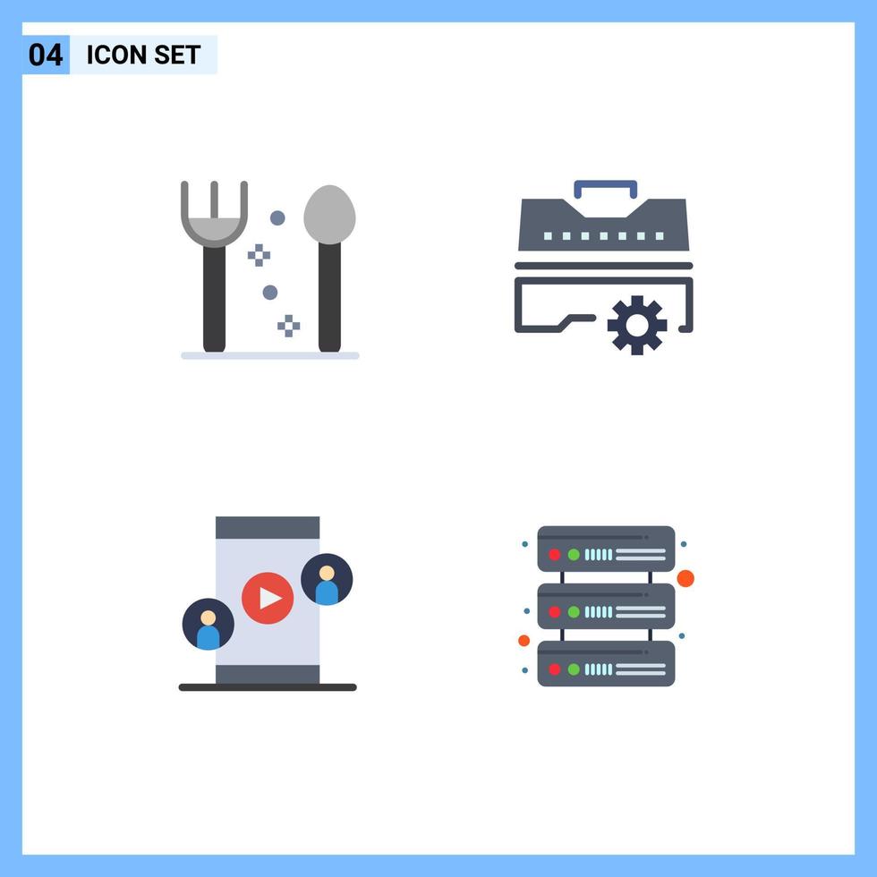 Set of 4 Vector Flat Icons on Grid for cutlery technology construction tools database Editable Vector Design Elements