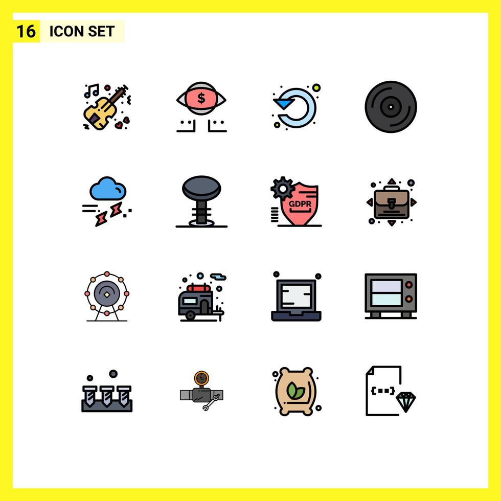 Group of 16 Modern Flat Color Filled Lines Set for vinyl music circle dj up Editable Creative Vector Design Elements