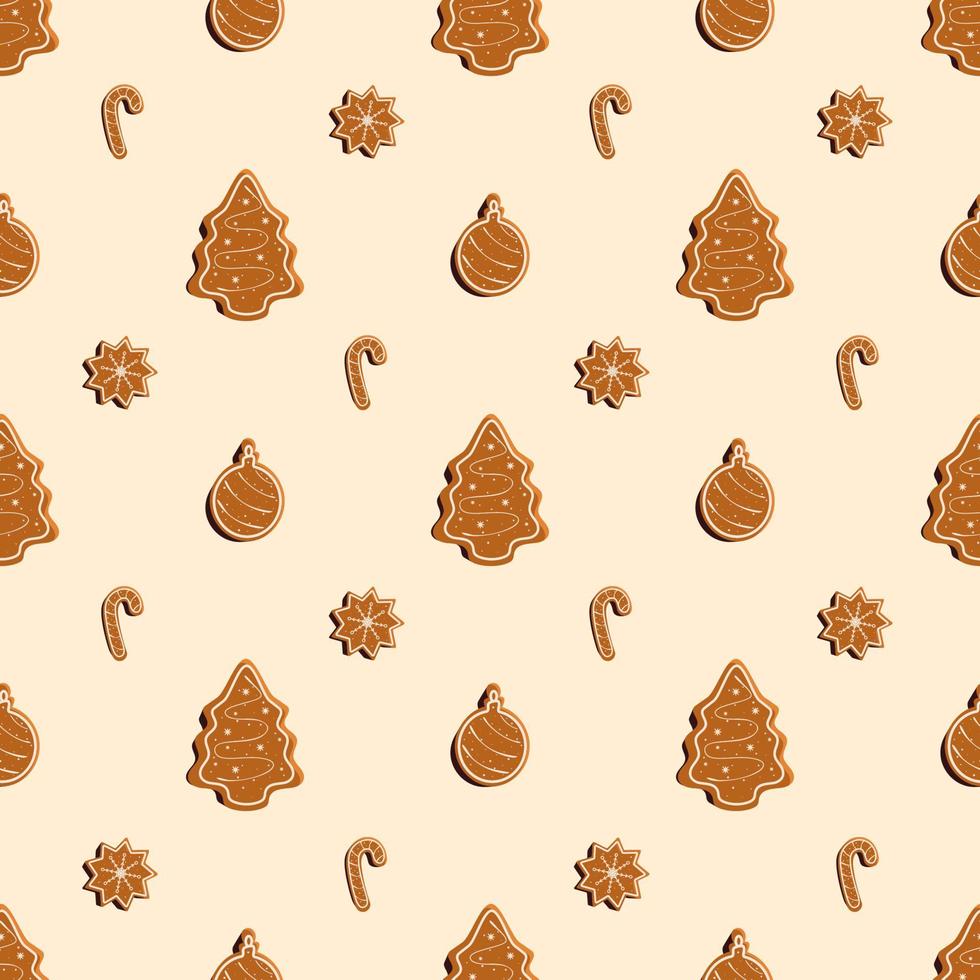 Vector Christmas seamless pattern with gingerbread cookies.Xmas Tree. Holiday themed design. Decorated white icing.