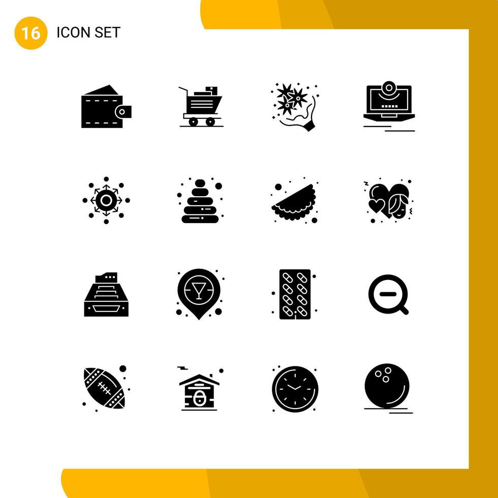 Group of 16 Modern Solid Glyphs Set for network monitor flower computer cam Editable Vector Design Elements