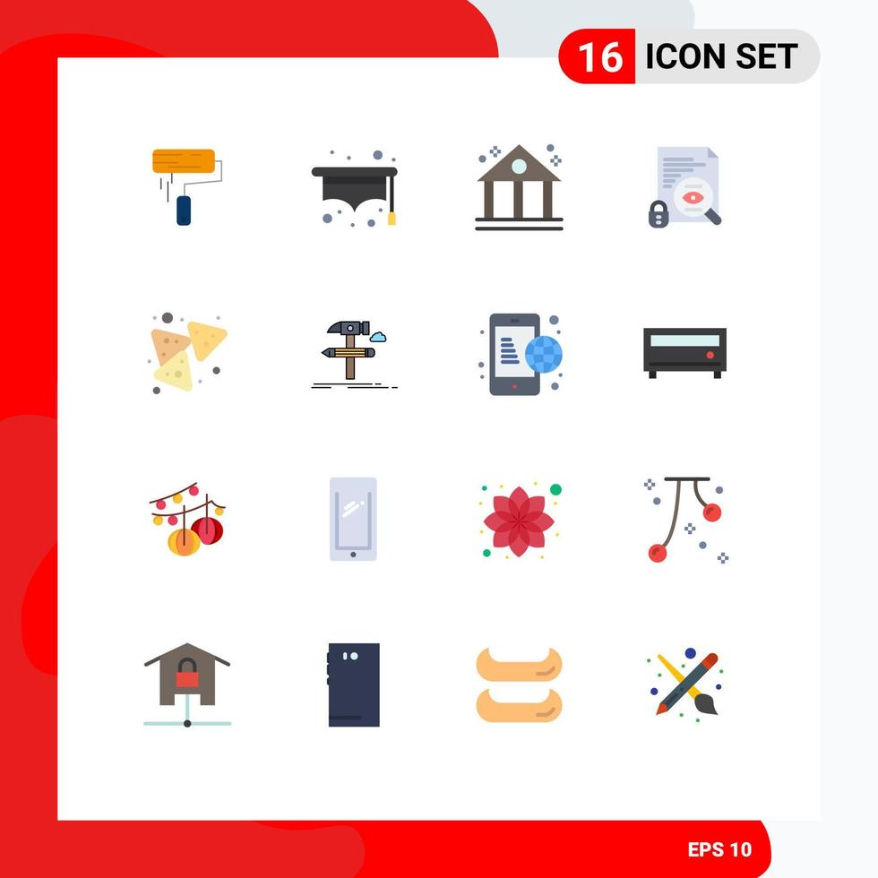 Pictogram Set of 16 Simple Flat Colors of nachos chips bank surveillance search Editable Pack of Creative Vector Design Elements