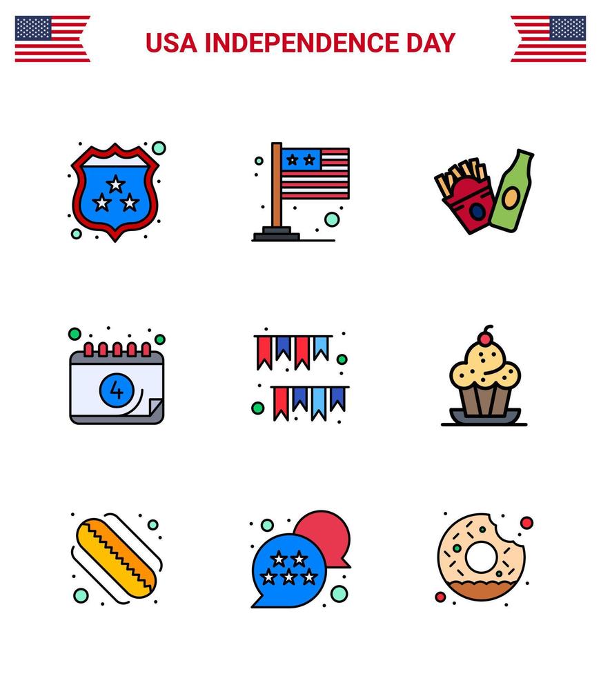 Set of 9 Modern Flat Filled Lines pack on USA Independence Day buntings american day bottle day calendar Editable USA Day Vector Design Elements