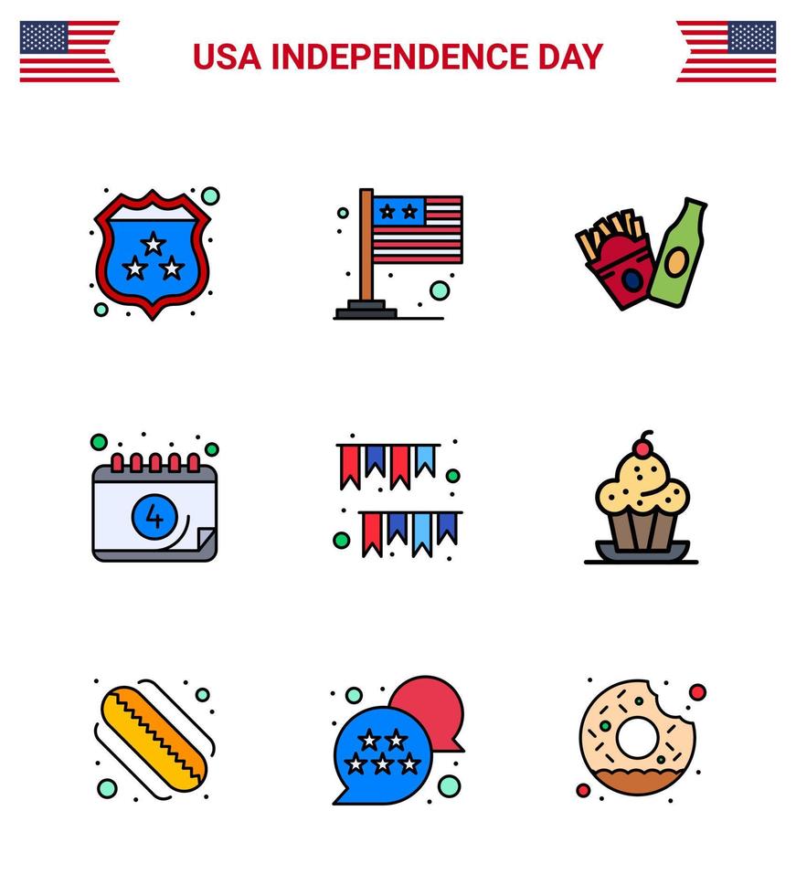 Set of 9 Modern Flat Filled Lines pack on USA Independence Day buntings american day bottle day calendar Editable USA Day Vector Design Elements