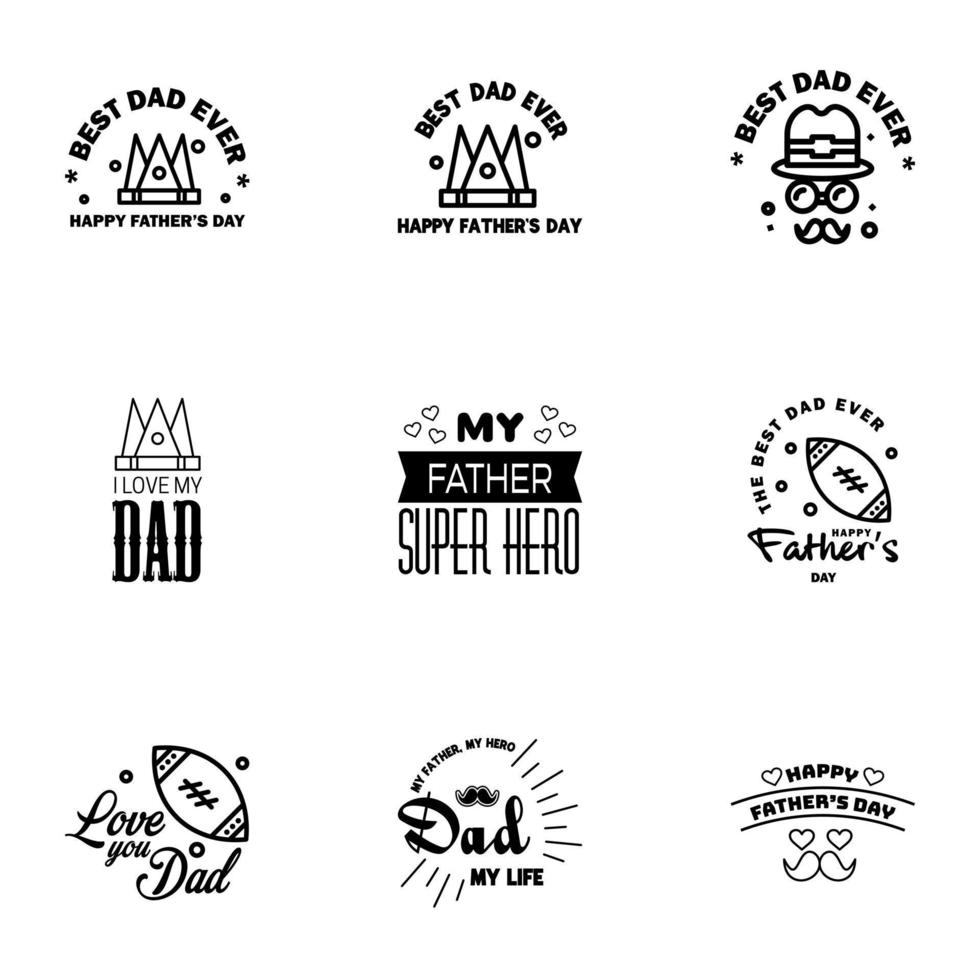 Fathers Day Lettering 9 Black Calligraphic Emblems Badges Set Isolated on Dark Blue Happy Fathers Day Best Dad Love You Dad Inscription Vector Design Elements For Greeting Card and Other Print T