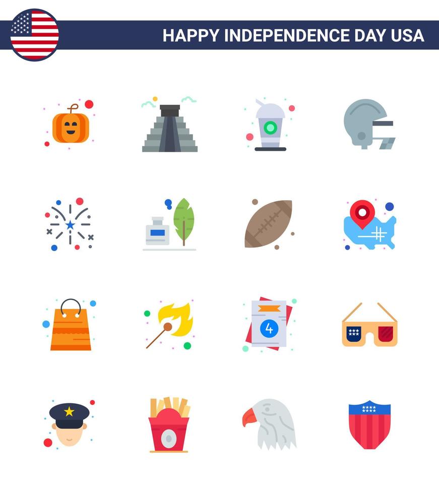 Pack of 16 creative USA Independence Day related Flats of usa fire cola firework football Editable USA Day Vector Design Elements