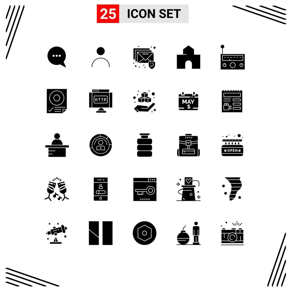 Universal Icon Symbols Group of 25 Modern Solid Glyphs of music device mail school fortress Editable Vector Design Elements