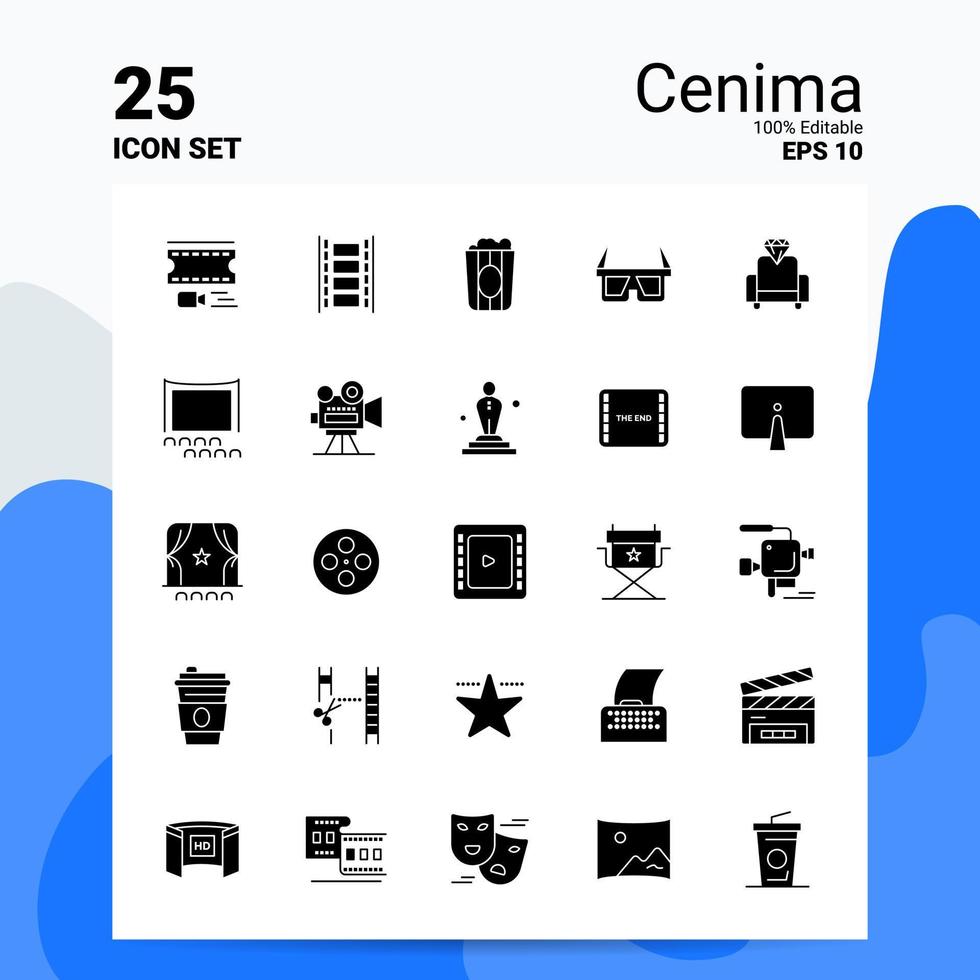 25 Cenima Icon Set 100 Editable EPS 10 Files Business Logo Concept Ideas Solid Glyph icon design vector