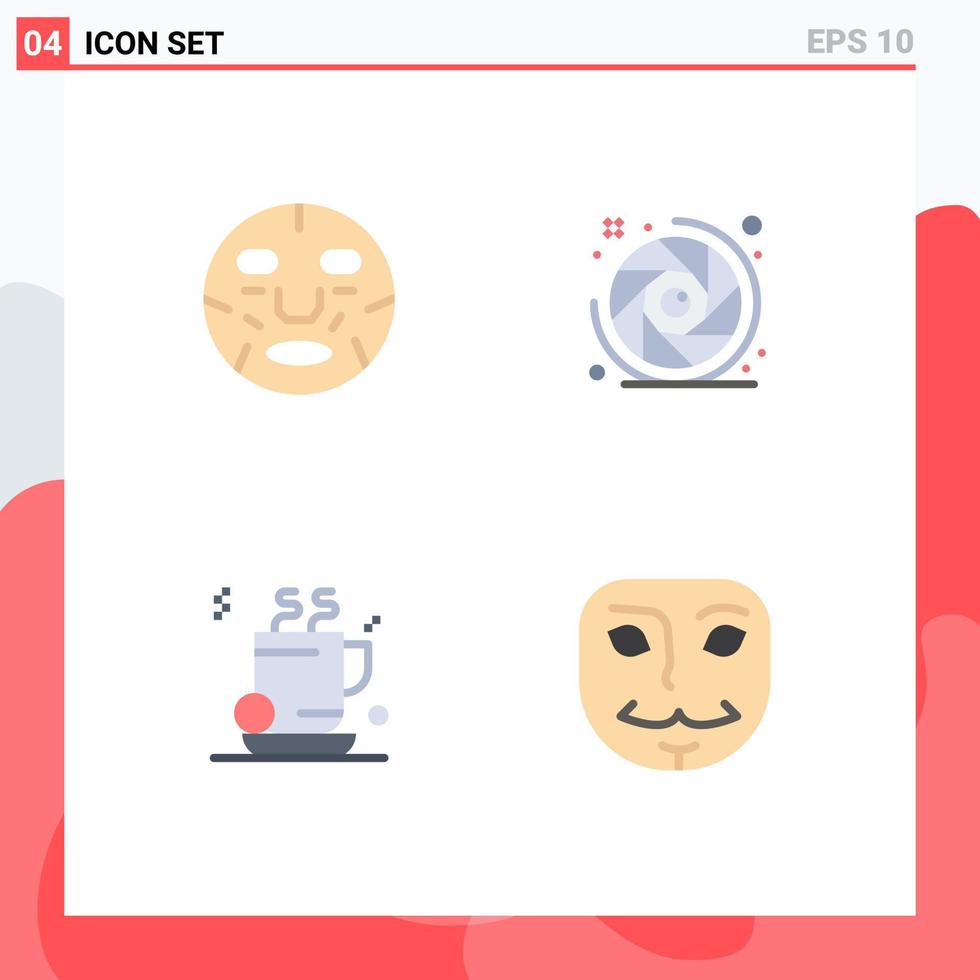 4 Universal Flat Icons Set for Web and Mobile Applications beauty tea mask camera lens coffee Editable Vector Design Elements