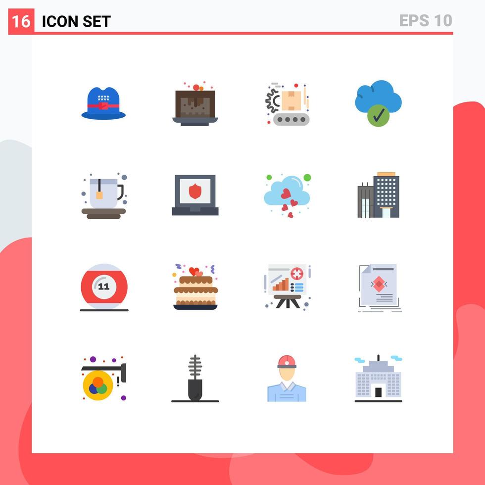 Mobile Interface Flat Color Set of 16 Pictograms of tea cup conveyor data cloud Editable Pack of Creative Vector Design Elements