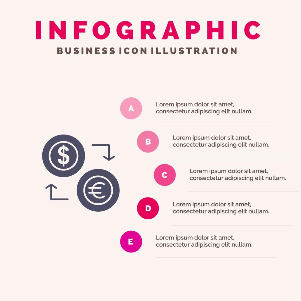 cambio monedas moneda dólar euro finanzas financiero dinero sólido icono infografía 5 pasos presentación antecedentes vector