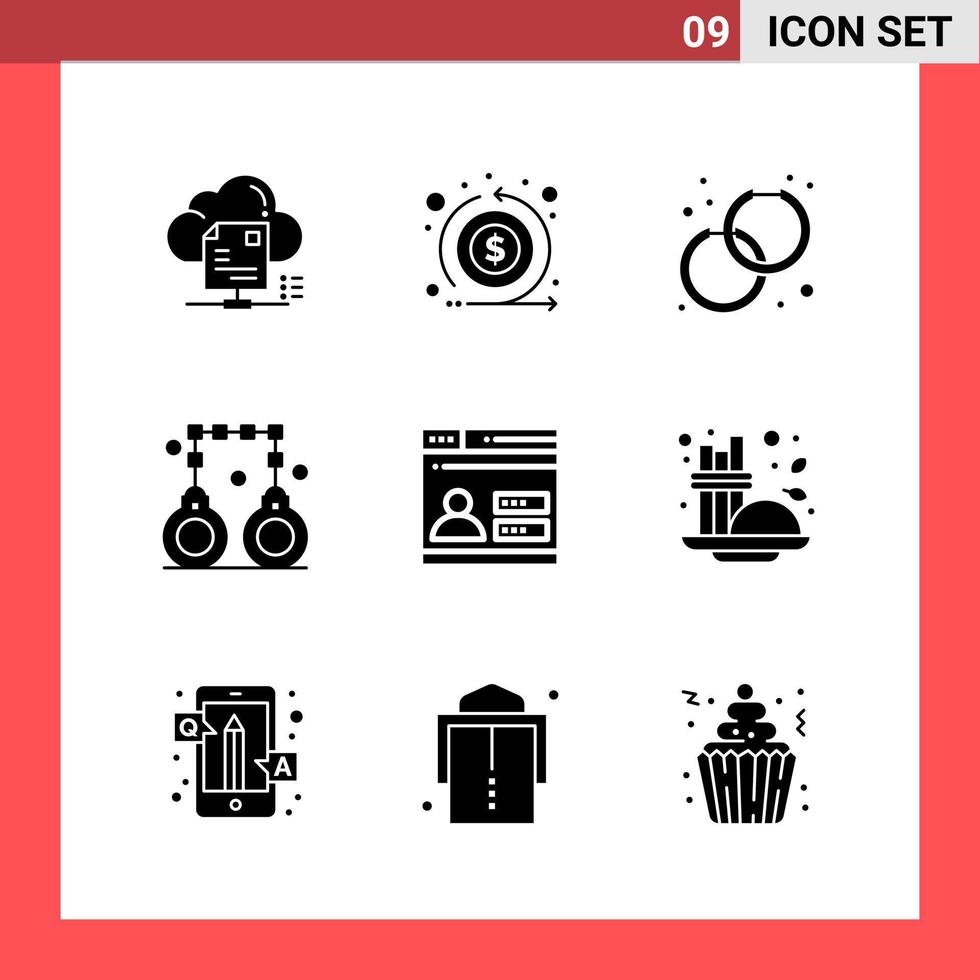 9 Icon Pack Solid Style Glyph Symbols on White Background Simple Signs for general designing Creative Black Icon vector background