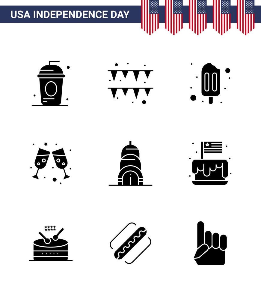 Happy Independence Day Pack of 9 Solid Glyphs Signs and Symbols for festival building ice cream chrysler wine Editable USA Day Vector Design Elements