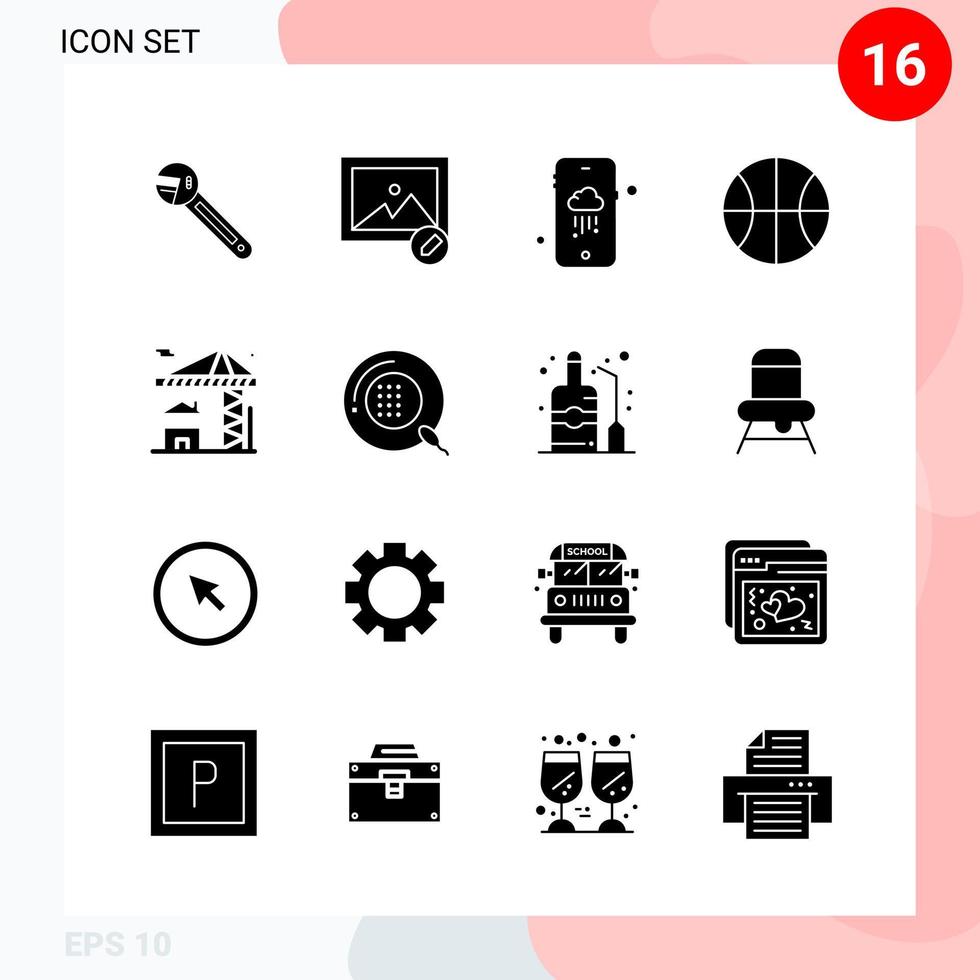 paquete de vectores de 16 iconos en un paquete de glifos creativos de estilo sólido aislado en fondo blanco para web y móvil