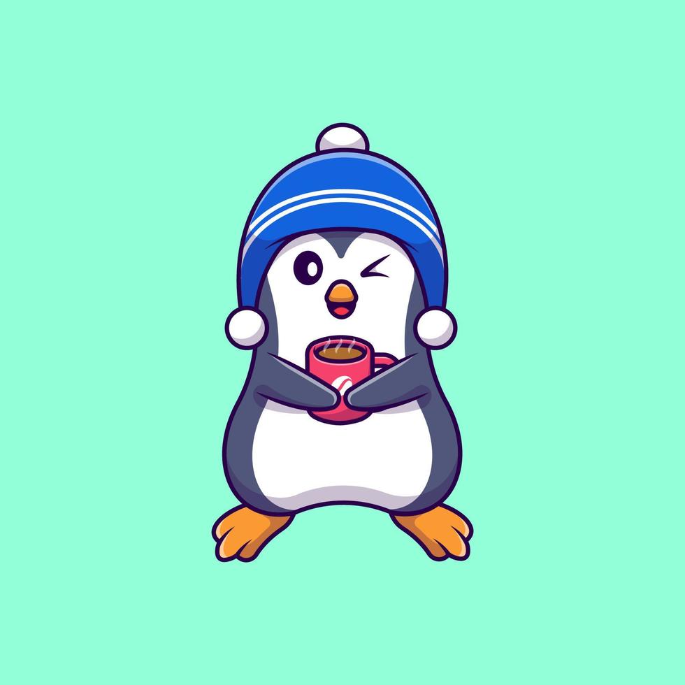 Cute Penguin Drinking Coffee Cartoon Vector Icons Illustration. Flat Cartoon Concept. Suitable for any creative project.