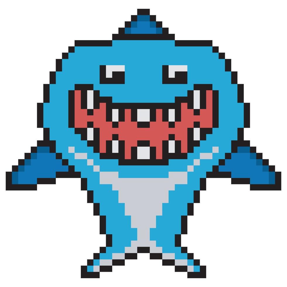 Cute shark character pixel art. Vector illustration.