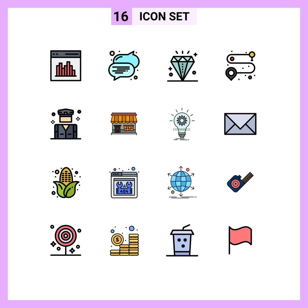 paquete de líneas llenas de color plano de 16 símbolos universales de puntos de ruta de celebración de negocios policiales elementos de diseño de vectores creativos editables