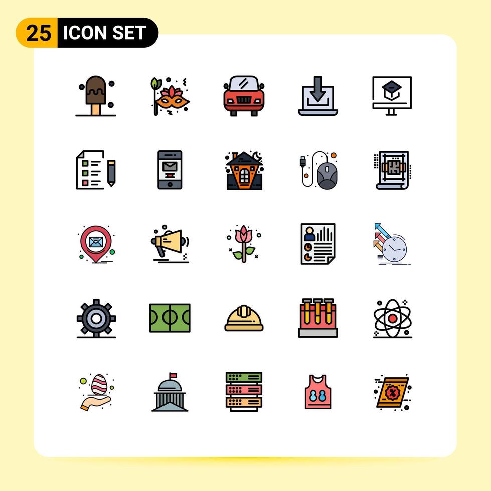 Pictogram Set of 25 Simple Filled line Flat Colors of school learning vehicle knowledge download Editable Vector Design Elements