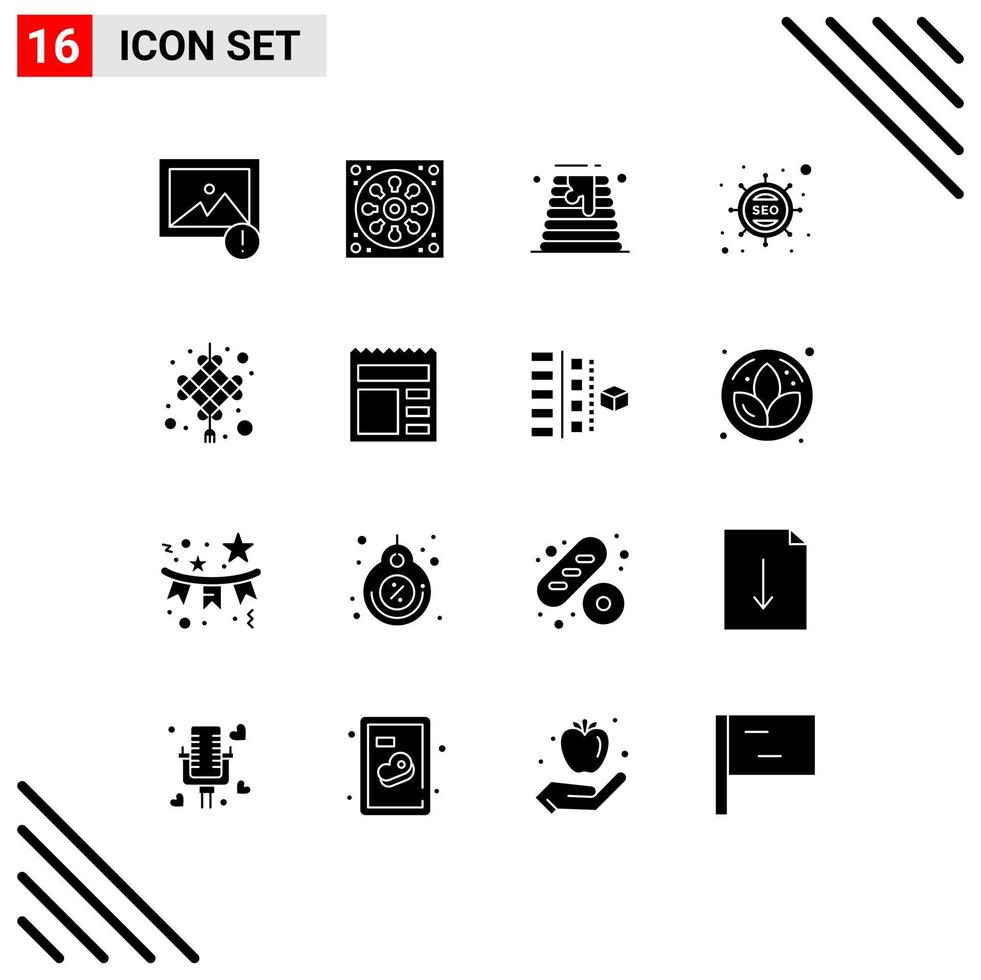 Modern Set of 16 Solid Glyphs and symbols such as cny celebration cake marketing optimization Editable Vector Design Elements