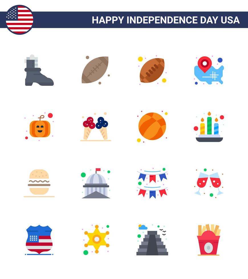 4th July USA Happy Independence Day Icon Symbols Group of 16 Modern Flats of pumpkin location pin rugby wisconsin states Editable USA Day Vector Design Elements