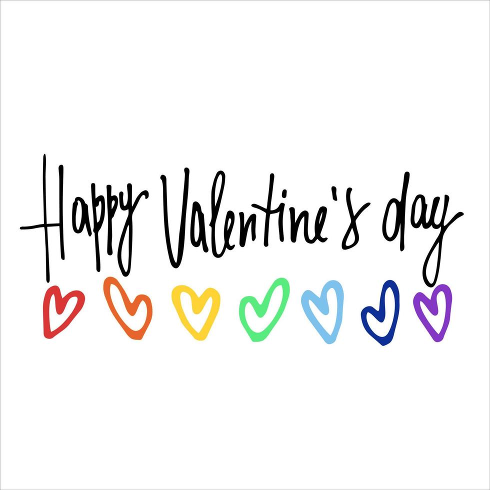 Happy Valentines Day greeting lettering with rainbow-colored heart in the back vector