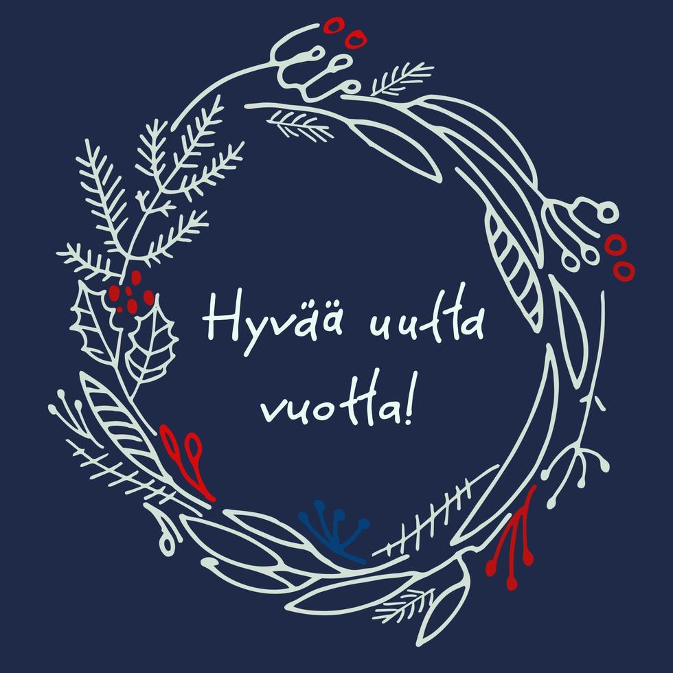 hyvaa huutta vuotta. tarjeta de felicitación finlandesa de año nuevo. diseño elegante con abetos dibujados a mano y letras a mano sobre fondo turquesa. texto en finlandés dice feliz año nuevo vector