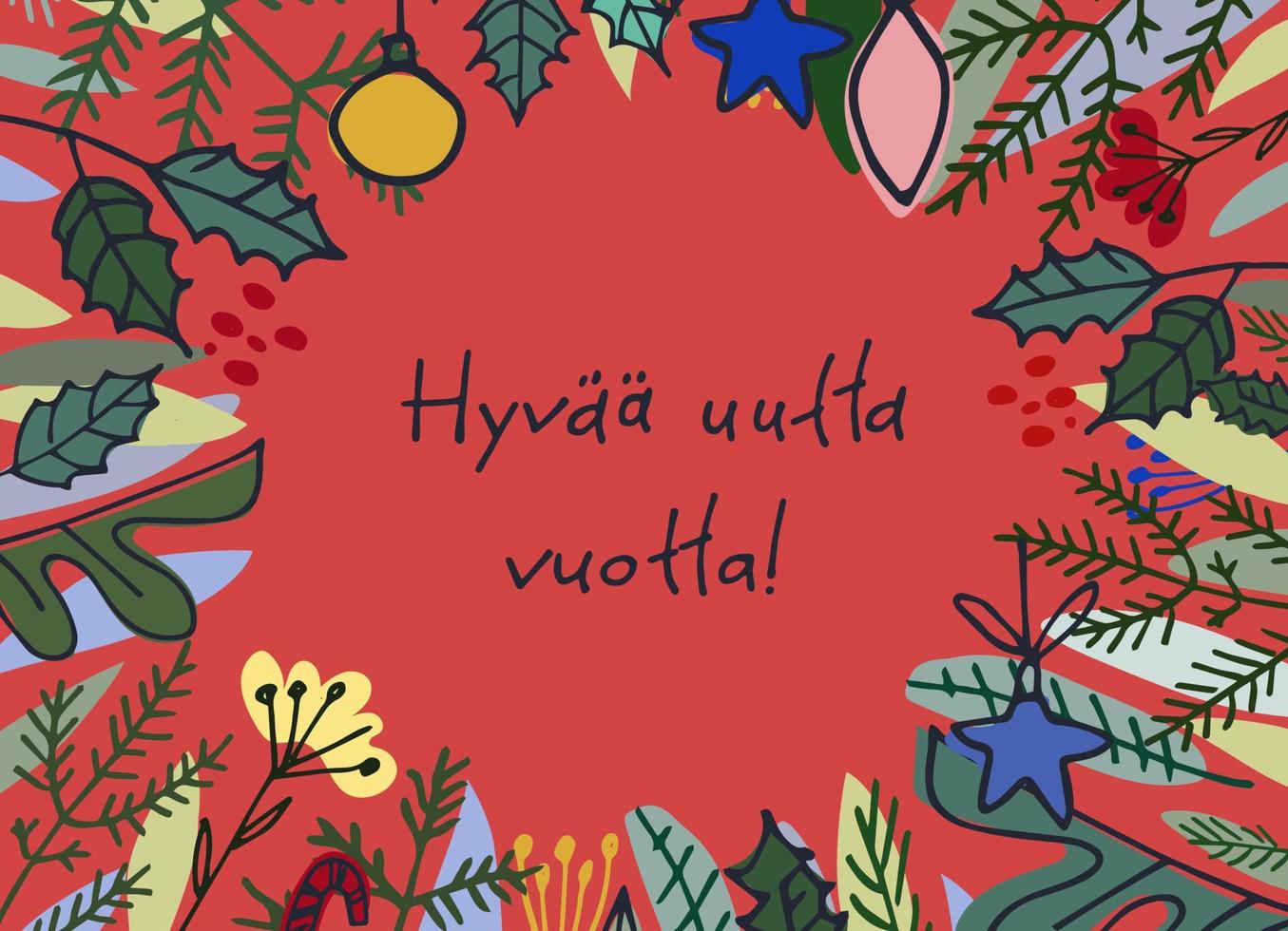 hyvaa huutta vuotta. tarjeta de felicitación finlandesa de año nuevo. diseño elegante con abetos dibujados a mano y letras a mano sobre fondo turquesa. texto en finlandés dice feliz año nuevo vector