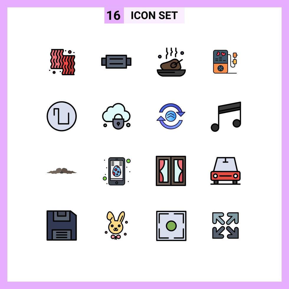 Pack of 16 Modern Flat Color Filled Lines Signs and Symbols for Web Print Media such as sound heart man love meal Editable Creative Vector Design Elements
