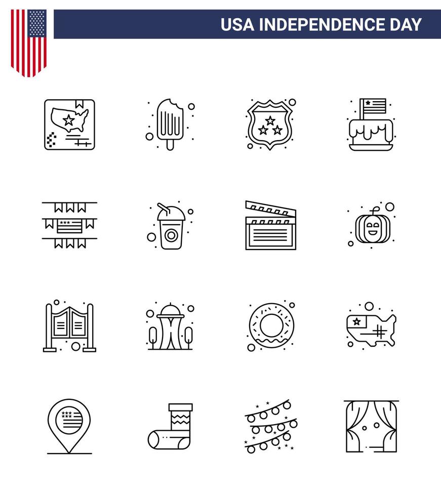 USA Independence Day Line Set of 16 USA Pictograms of buntings party american independence festival Editable USA Day Vector Design Elements