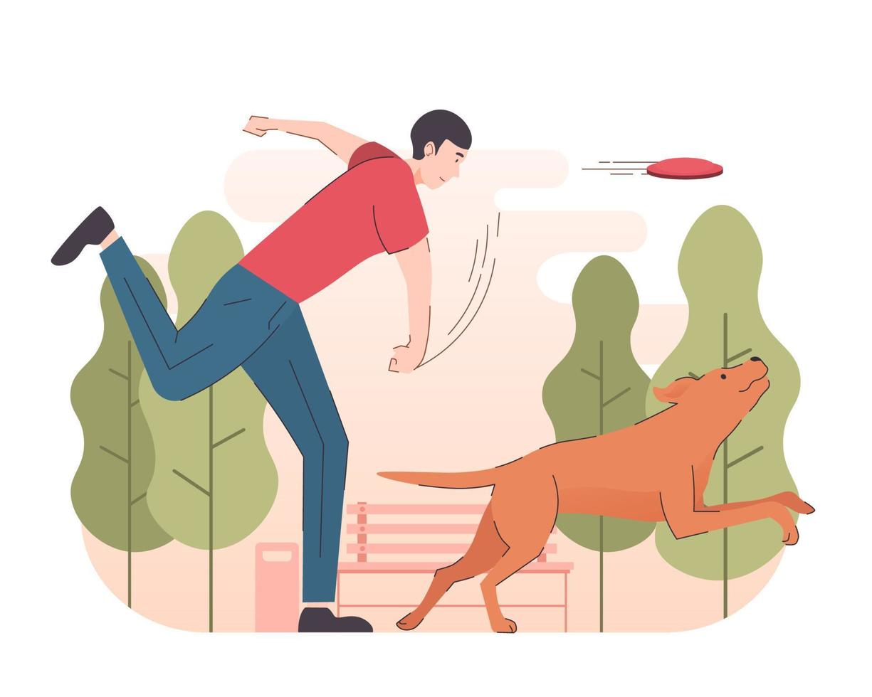 Young man playing with his dog, throwing the frisbee. People and pet activity vector