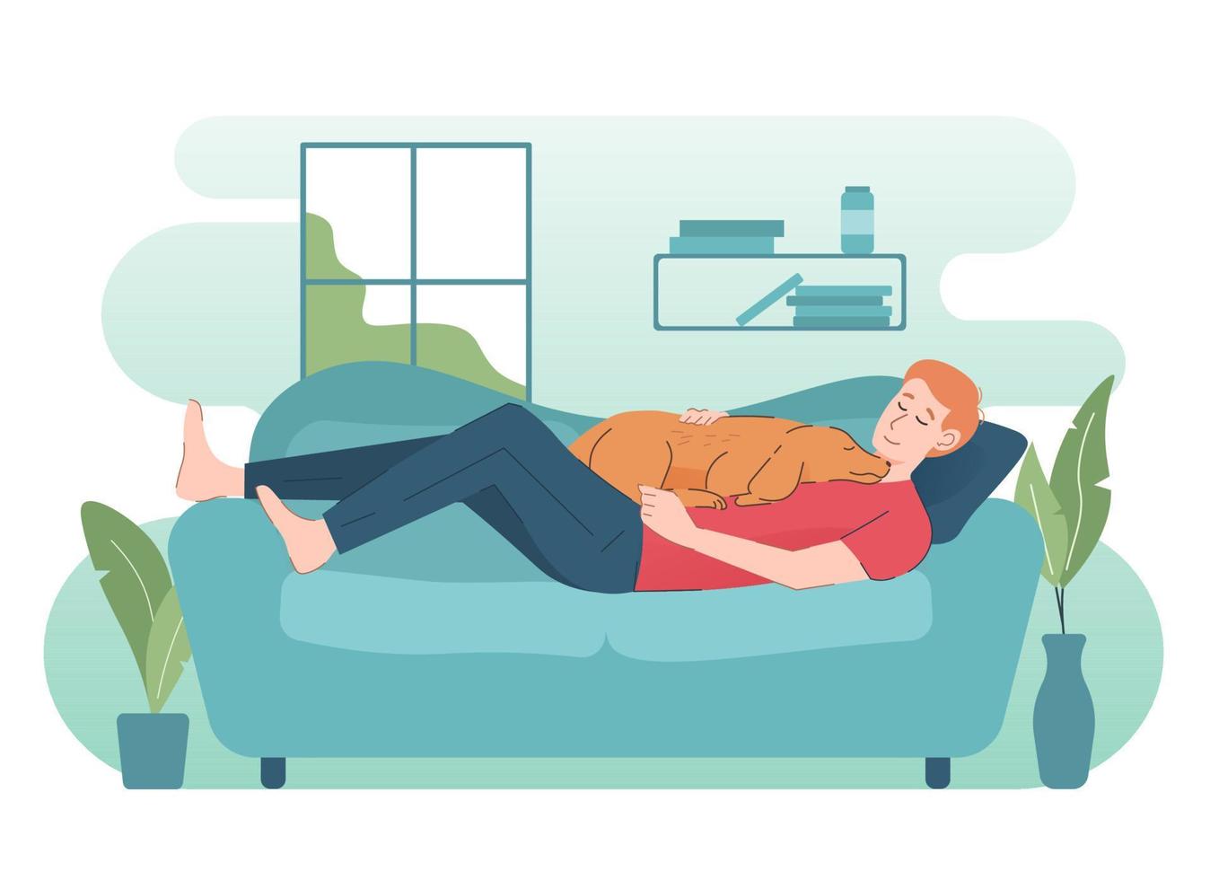 hombre y perro durmiendo en el sofá en casa. gente pasando tiempo con mascota vector