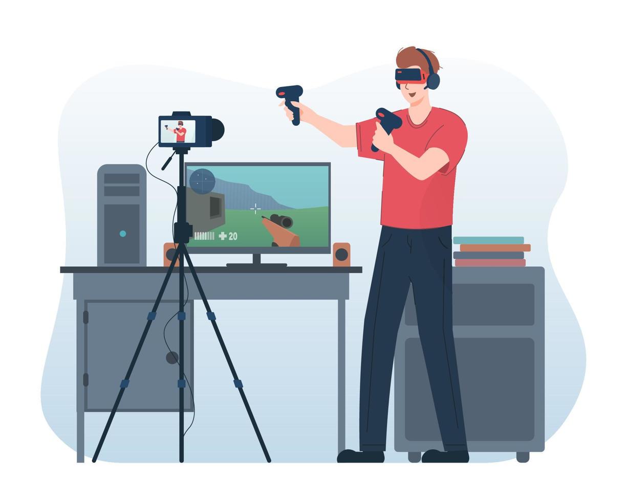 Man wearing virtual reality goggles while recording himself for his online video channel