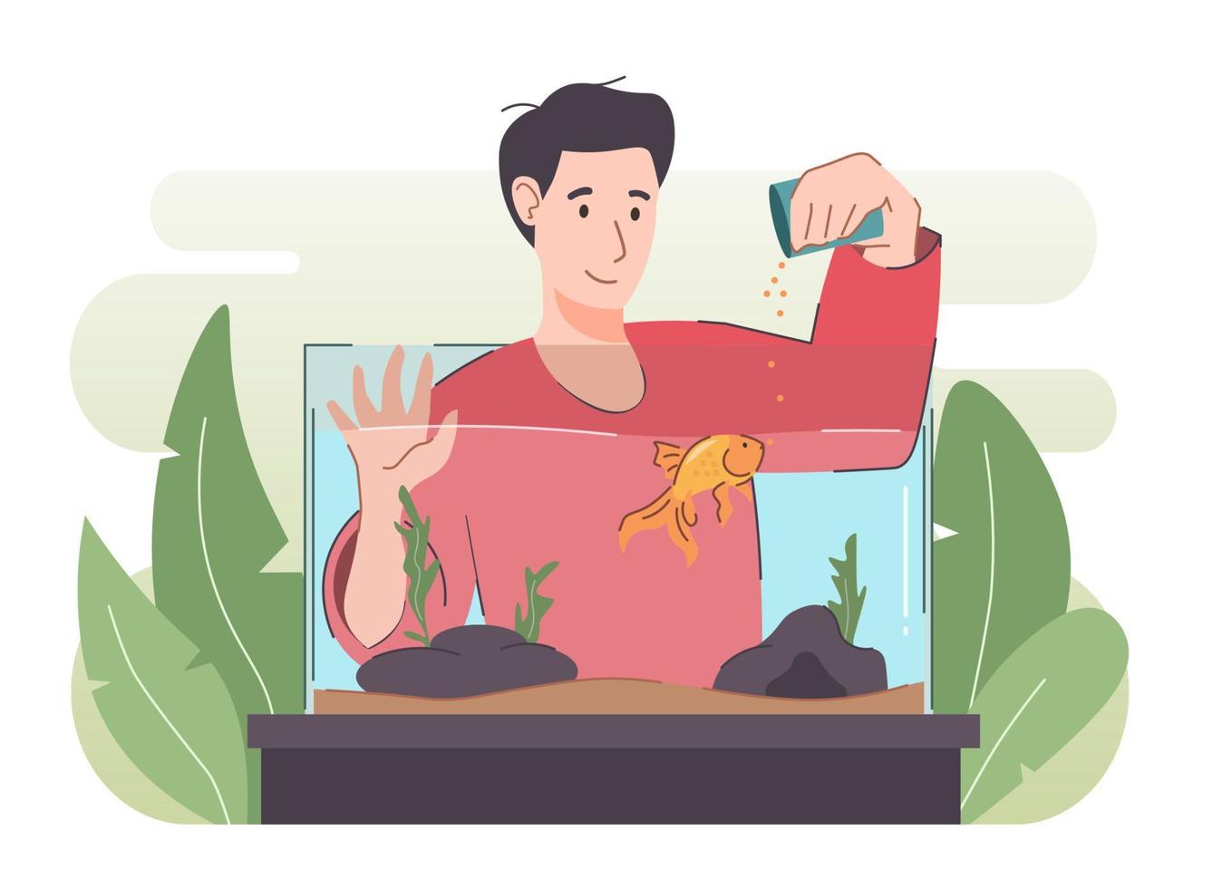 Man feeding fish. Goldfish in aquarium. Happy people with pet vector