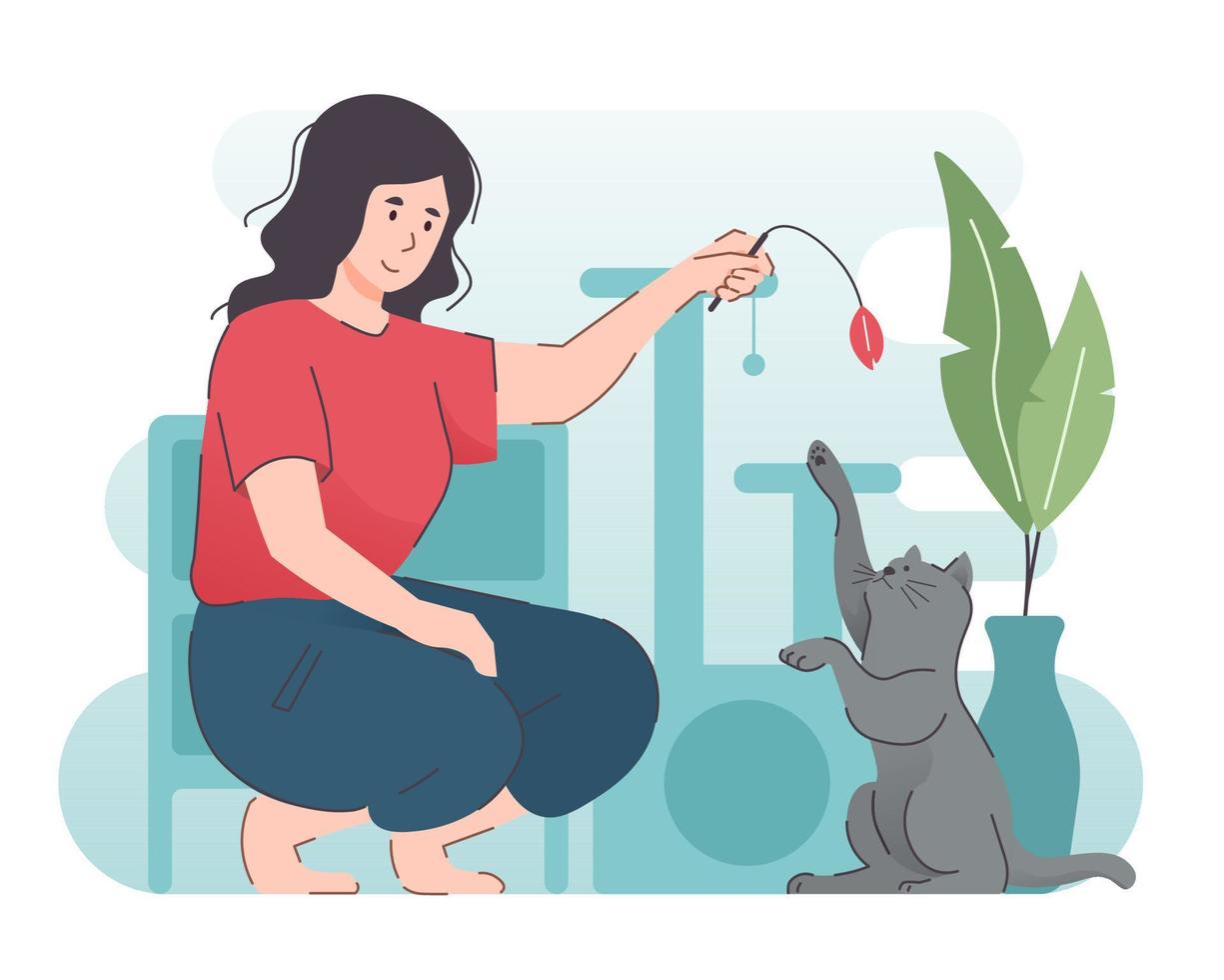 mujer jugando con su gato en casa. gente feliz divirtiéndose con mascota vector