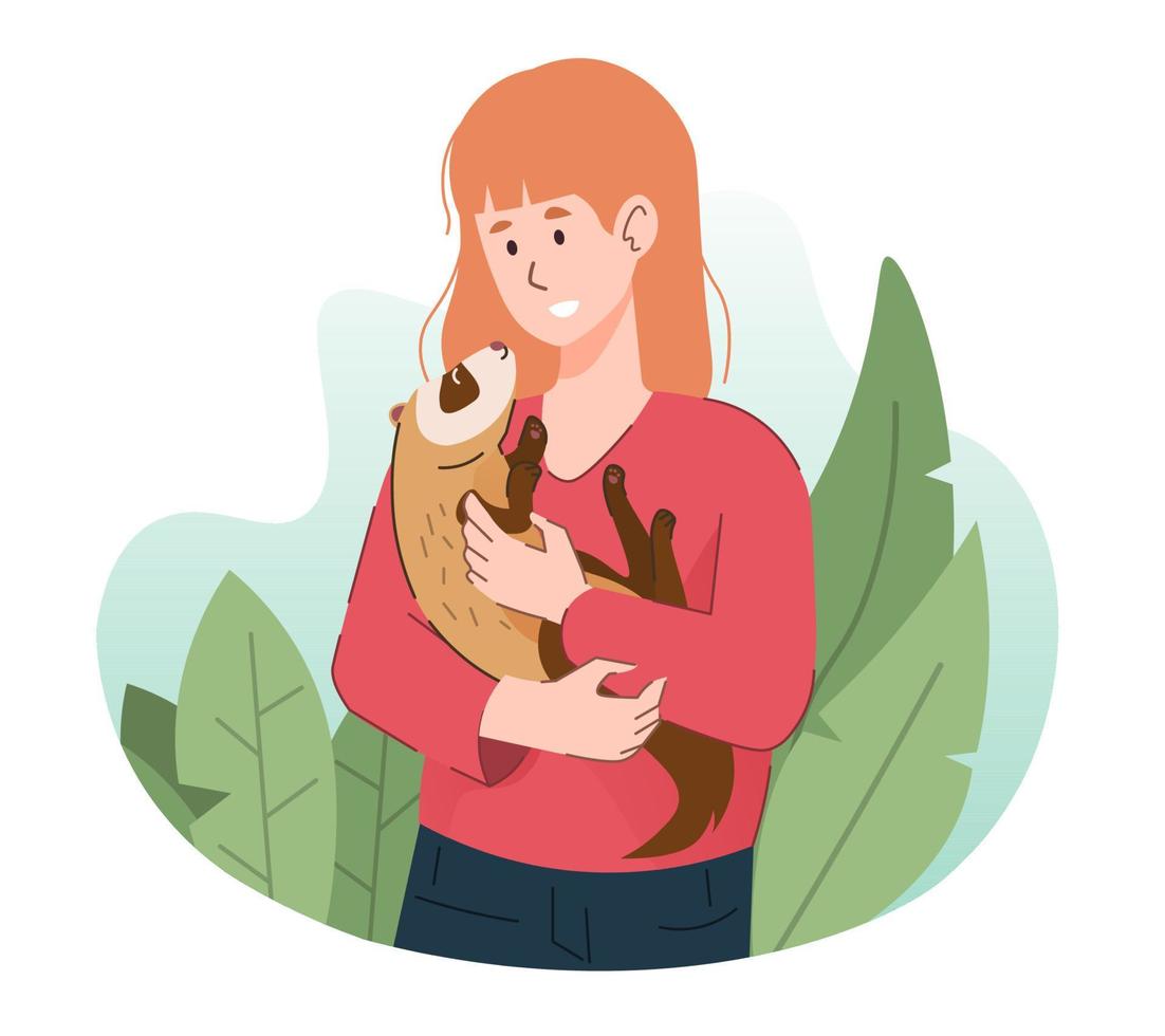 Woman holding ferret. Happy people having fun with their pet vector
