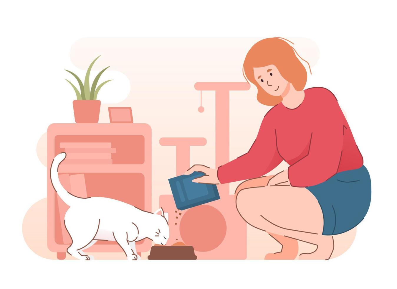 Woman feeding hungry cat. People and pet illustration vector